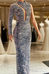 Silver Mermaid Sequin Formal Prom Dresses One Shoulder
