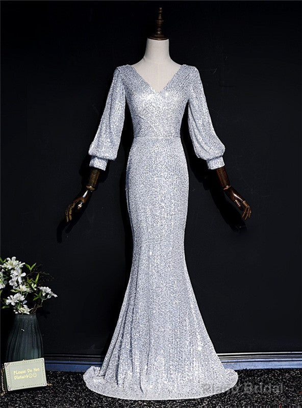 Silver Mermaid Sequins V-neck Long Sleeve Prom Dress Main image