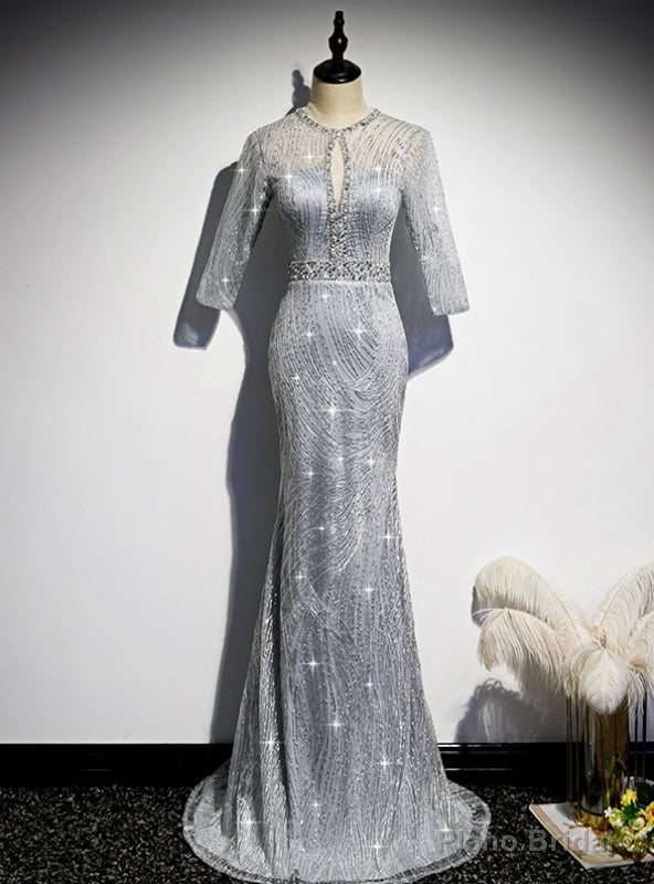 Silver Mermaid Short Sleeve Beading Prom Dress Main image