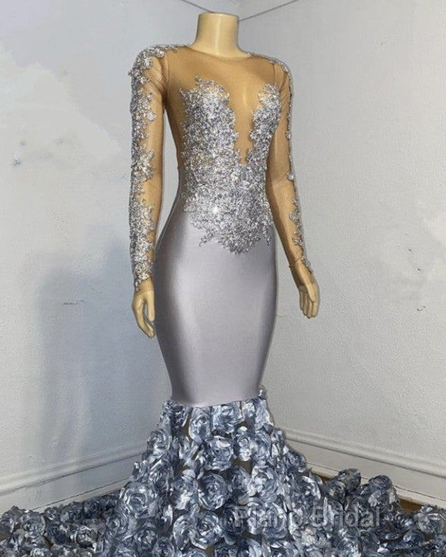 Silver Rosette Long Sleeve Mermaid Formal Prom Dresses
