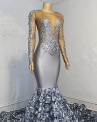 Silver Rosette Long Sleeve Mermaid Formal Prom Dresses
