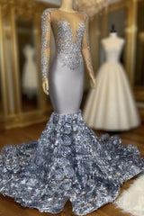 Silver Rosette Long Sleeve Mermaid Formal Prom Dresses