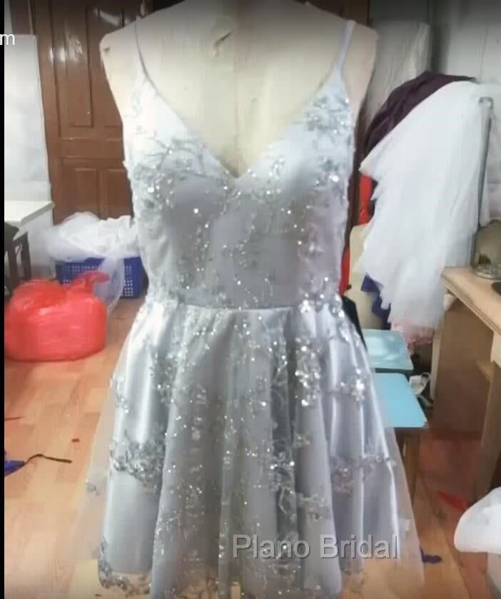 Silver Sequin Lace V Neck Tulle Homecoming Dresses Short Formal Prom Gowns Secondary image