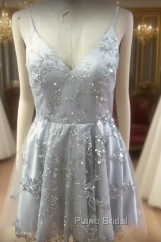 Silver Sequin Lace V Neck Tulle Homecoming Dresses Short Formal Prom Gowns Main image