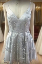 Silver Sequin Lace V Neck Tulle Homecoming Dresses Short Formal Prom Gowns