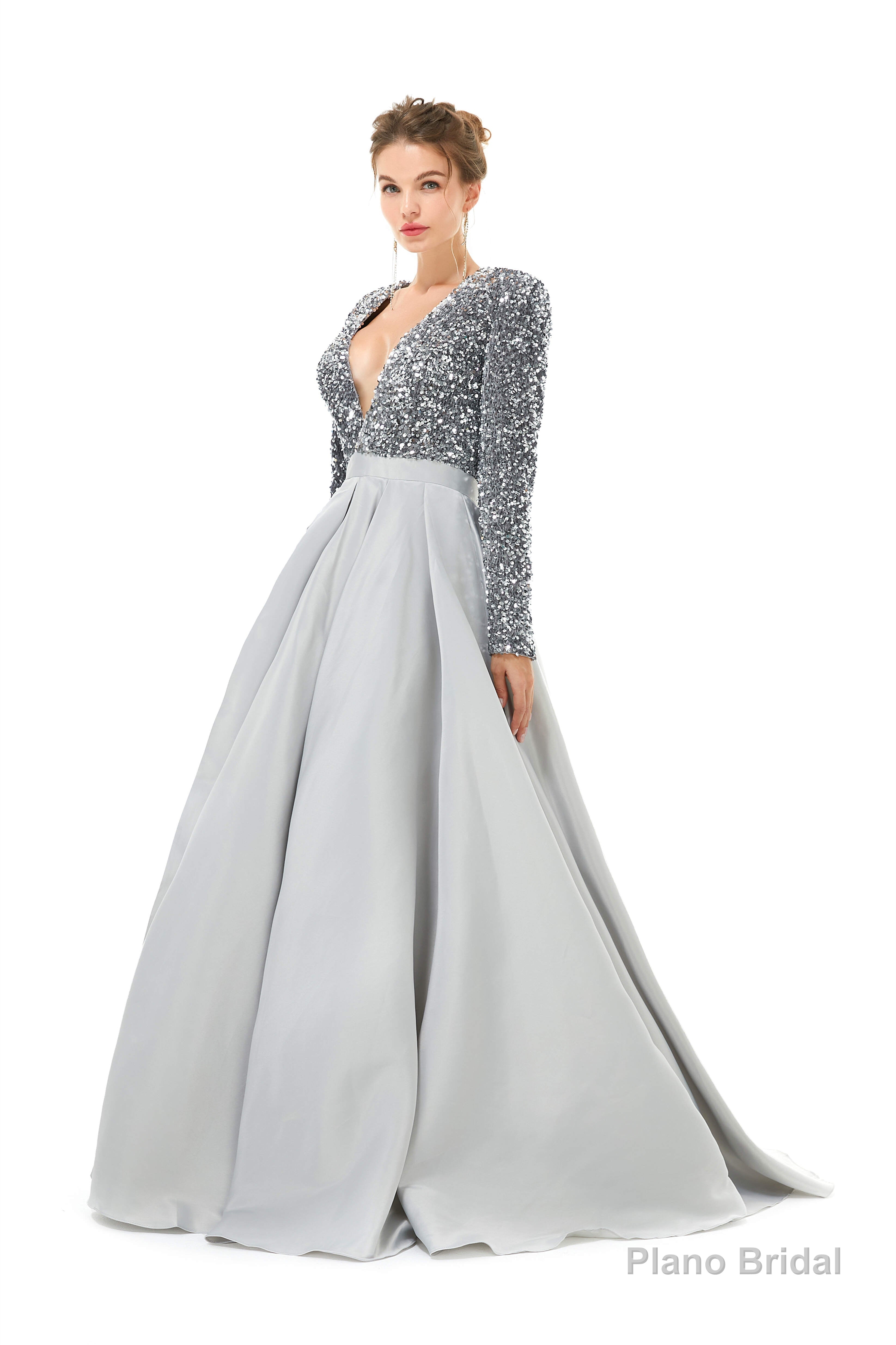 Sequined Satin A Line Front Slit V Neck Full Sleeve Sweep Train Long Prom Dresses