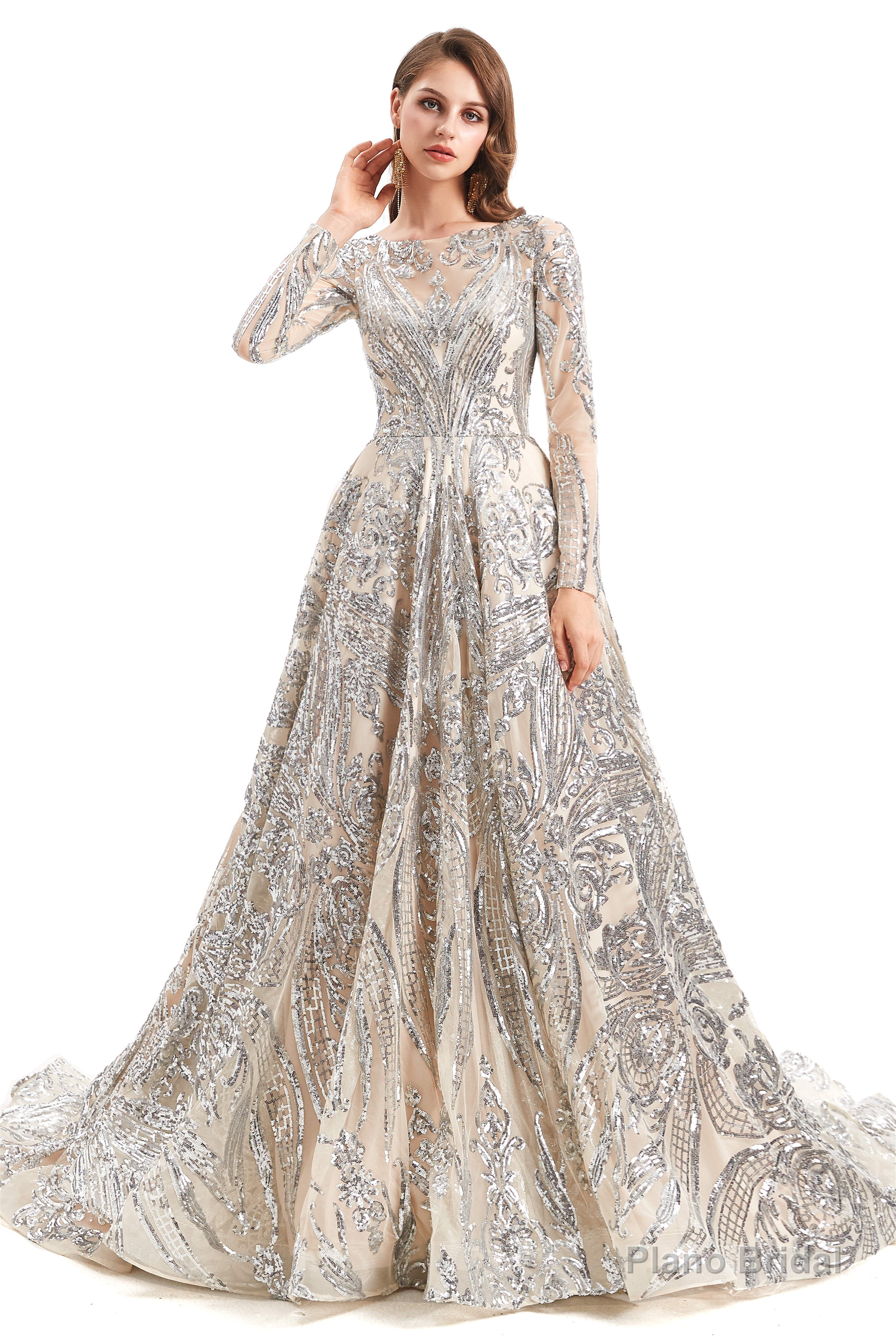 Sequins Long Sleeve Backless Prom Dresses Main image