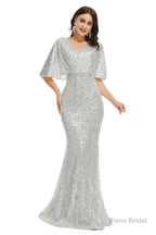 Sequins Mermaid Cape Sleeves V Neck Prom Dresses