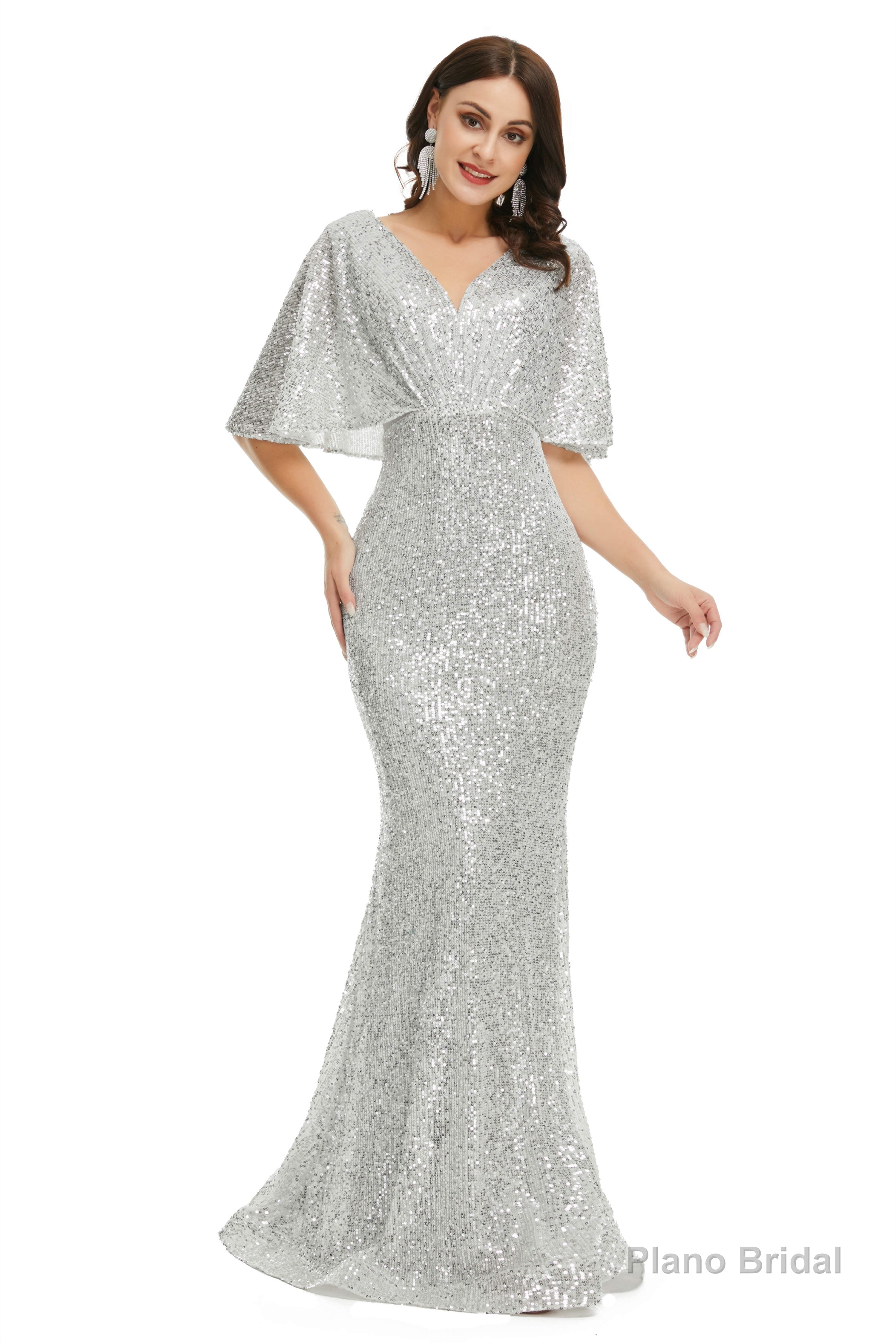 Sequins Mermaid Cape Sleeves V Neck Prom Dresses