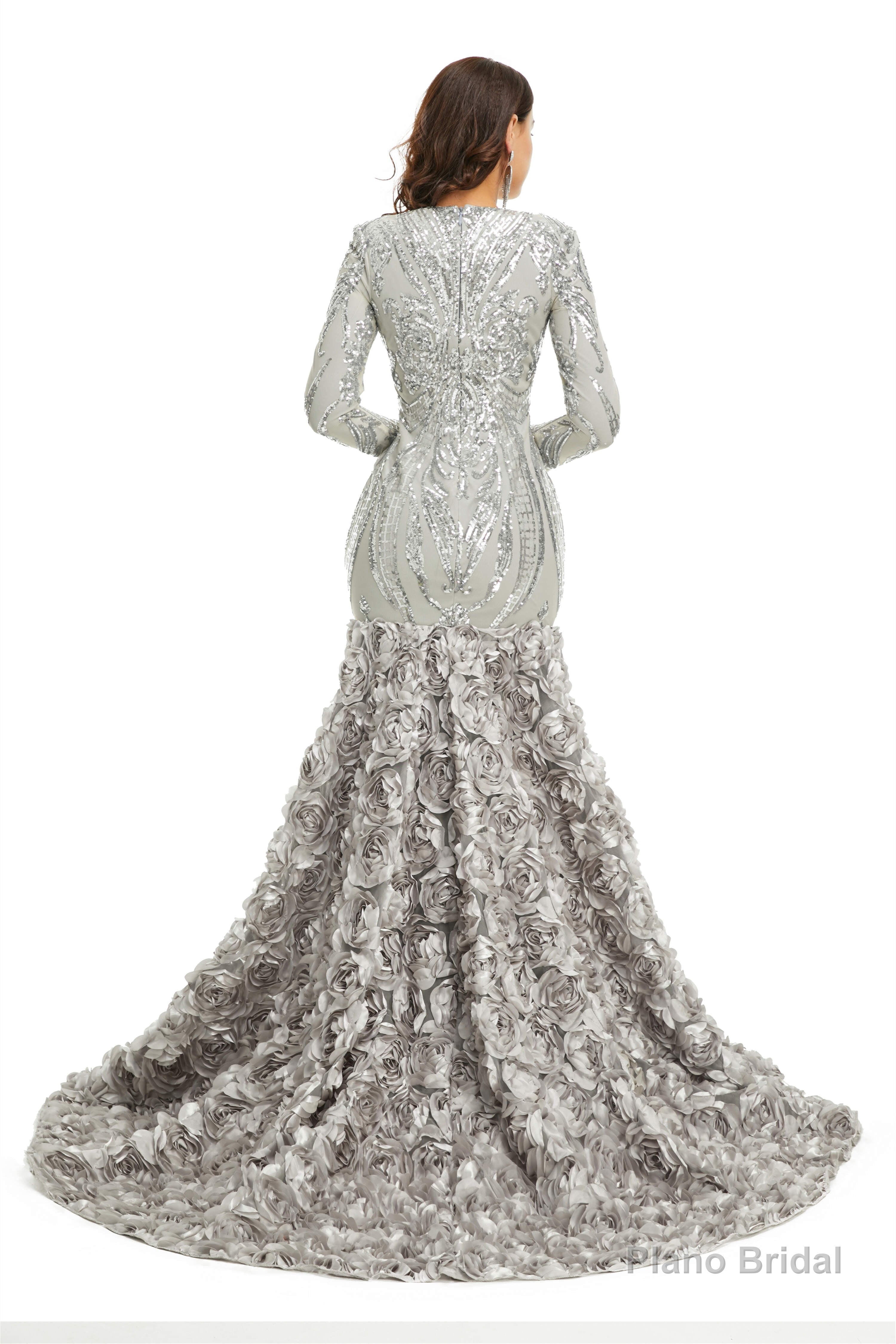 Sequins Mermaid Long V Neck Prom Dresses Full Sleeve