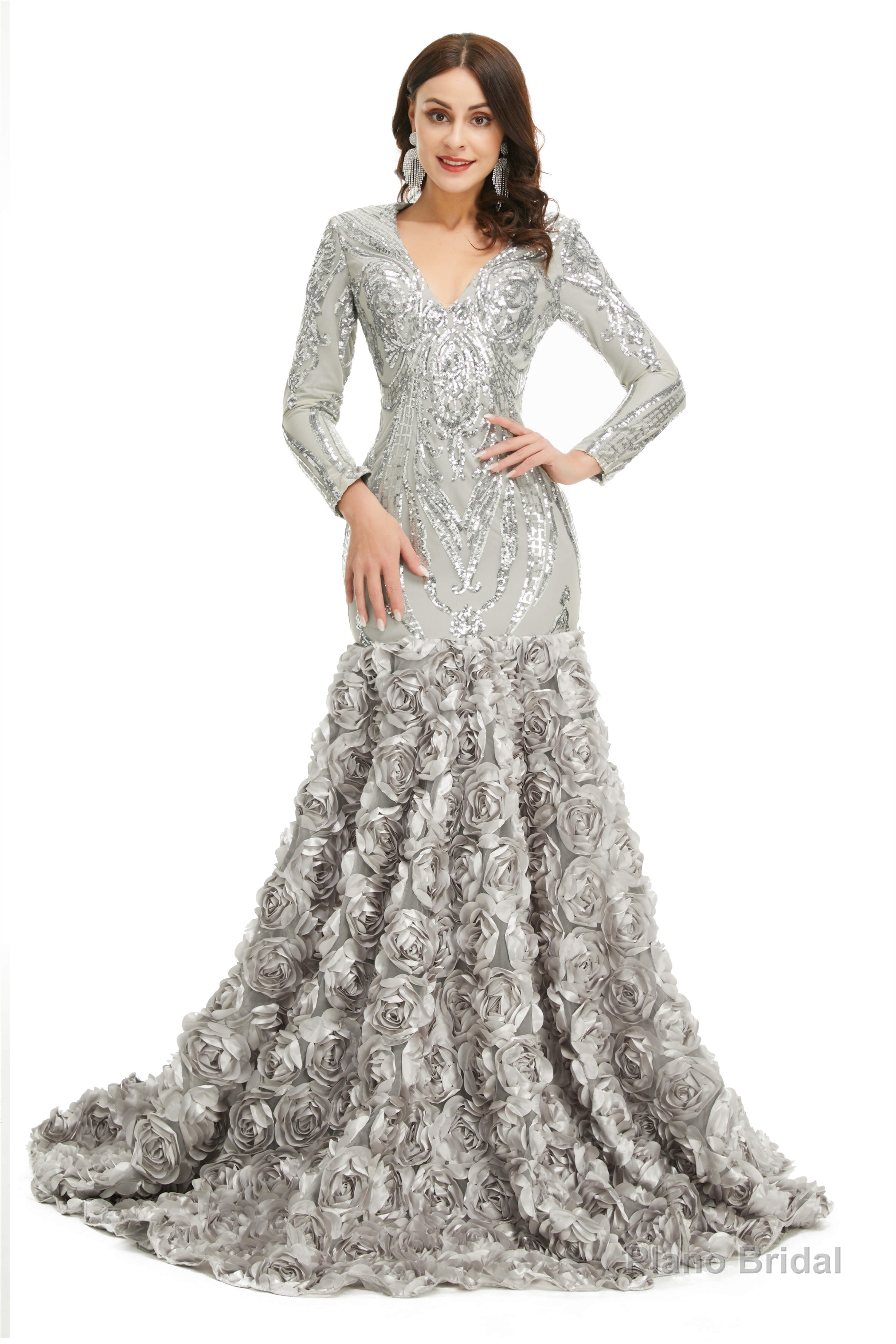 Sequins Mermaid Long V Neck Prom Dresses Full Sleeve