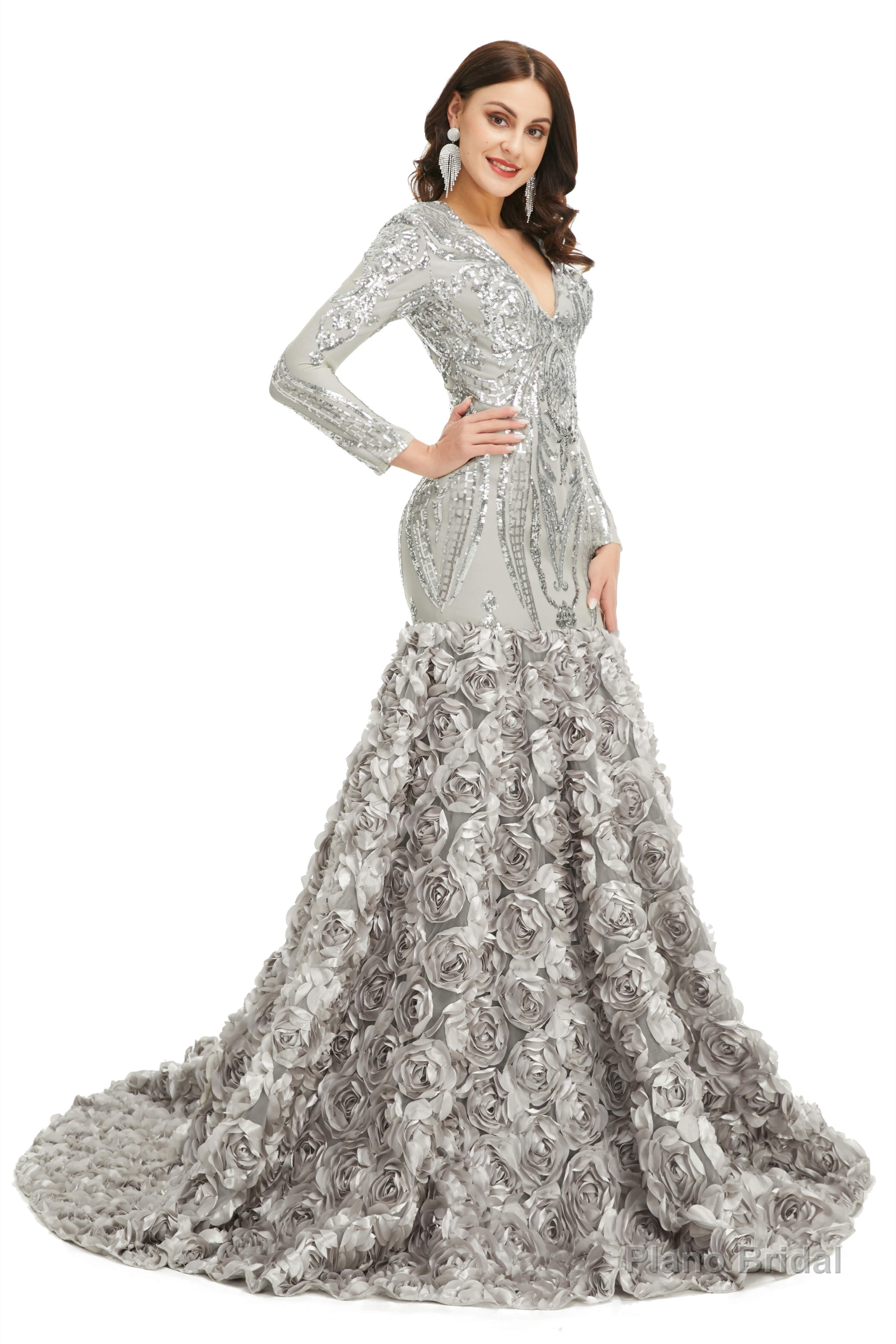 Sequins Mermaid Long V Neck Prom Dresses Full Sleeve