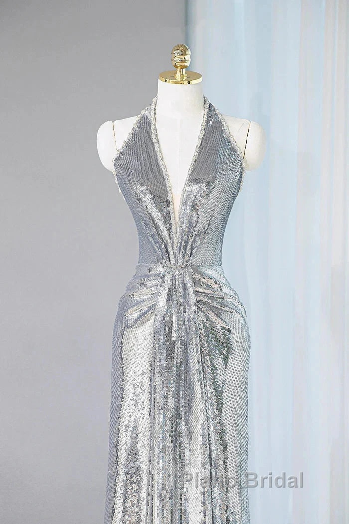 Silver Sequins Sheath V-Neck Long Formal Prom Dresses Shiny Evening Dresses
