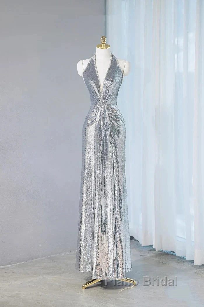 Silver Sequins Sheath V-Neck Long Formal Prom Dresses Shiny Evening Dresses