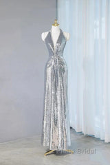 Silver Sequins Sheath V-Neck Long Formal Prom Dresses Shiny Evening Dresses