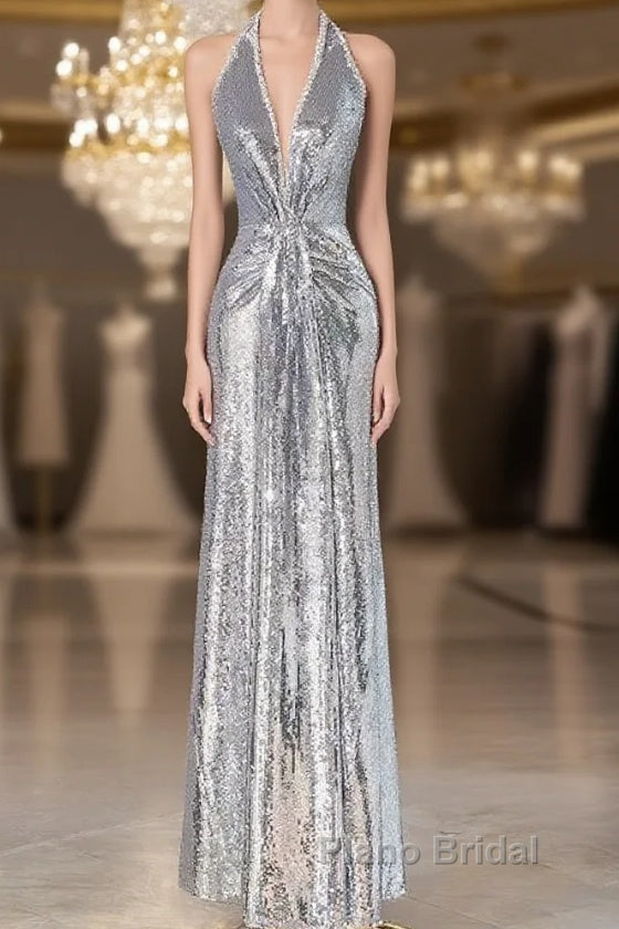 Silver Sequins Sheath V-Neck Long Formal Prom Dresses Shiny Evening Dresses