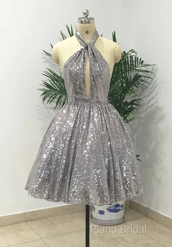 Silver Sexy Halter Sequined Backless Short Homecoming Dresses, Sparkly Party Dresses Secondary image