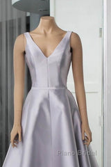 Silver V-Neck Satin Midi Dresses