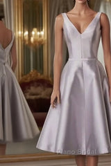 Silver V-Neck Satin Midi Dresses