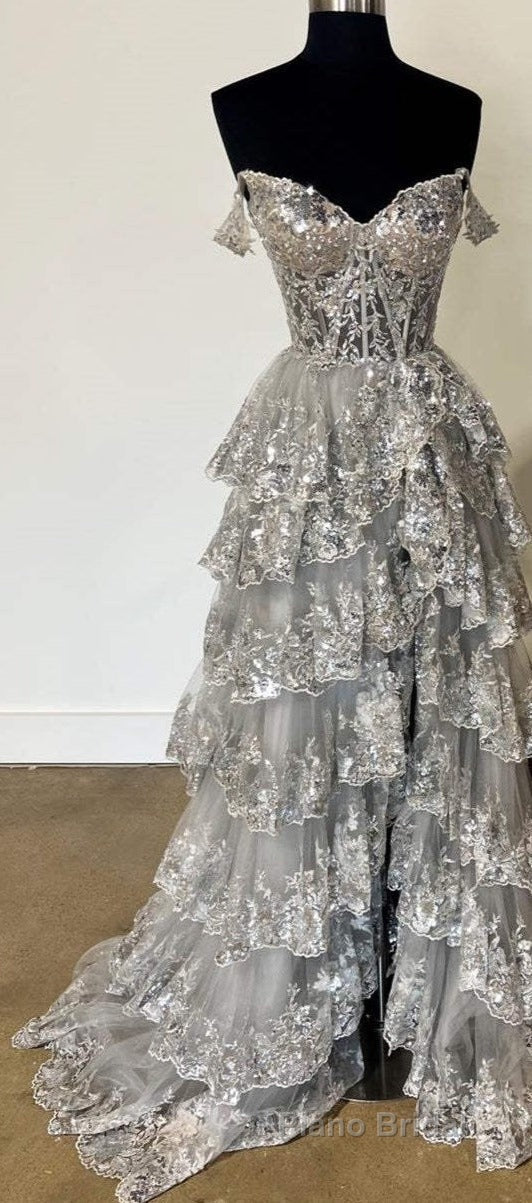 Light Blue Corset Lace Tiered Tulle Long Prom Dresses