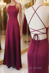 Simple A Line Backless Burgundy Satin Long Formal Prom Dresses, Burgundy Formal Dresses, Burgundy Evening Dresses