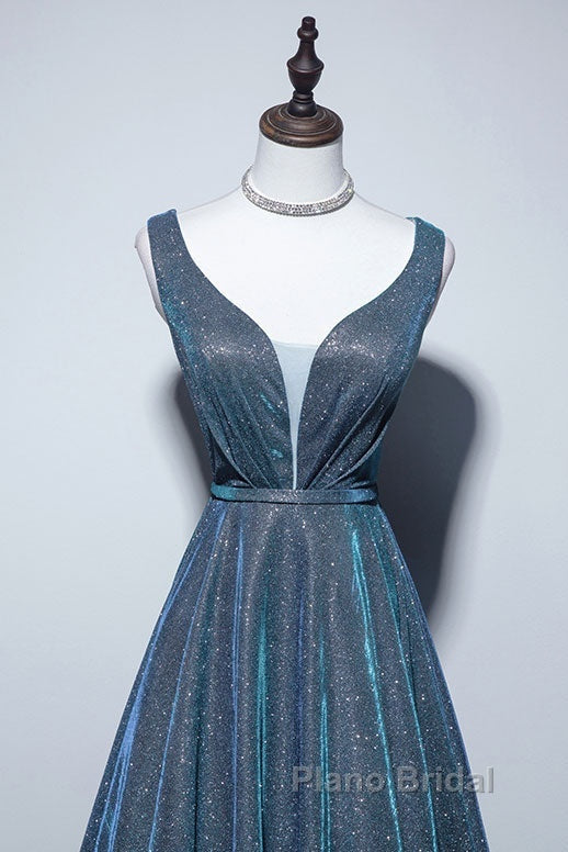 Simple  A-Line Blue Long Formal Prom Dresses, Blue Formal Dresses