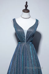 Simple  A-Line Blue Long Formal Prom Dresses, Blue Formal Dresses