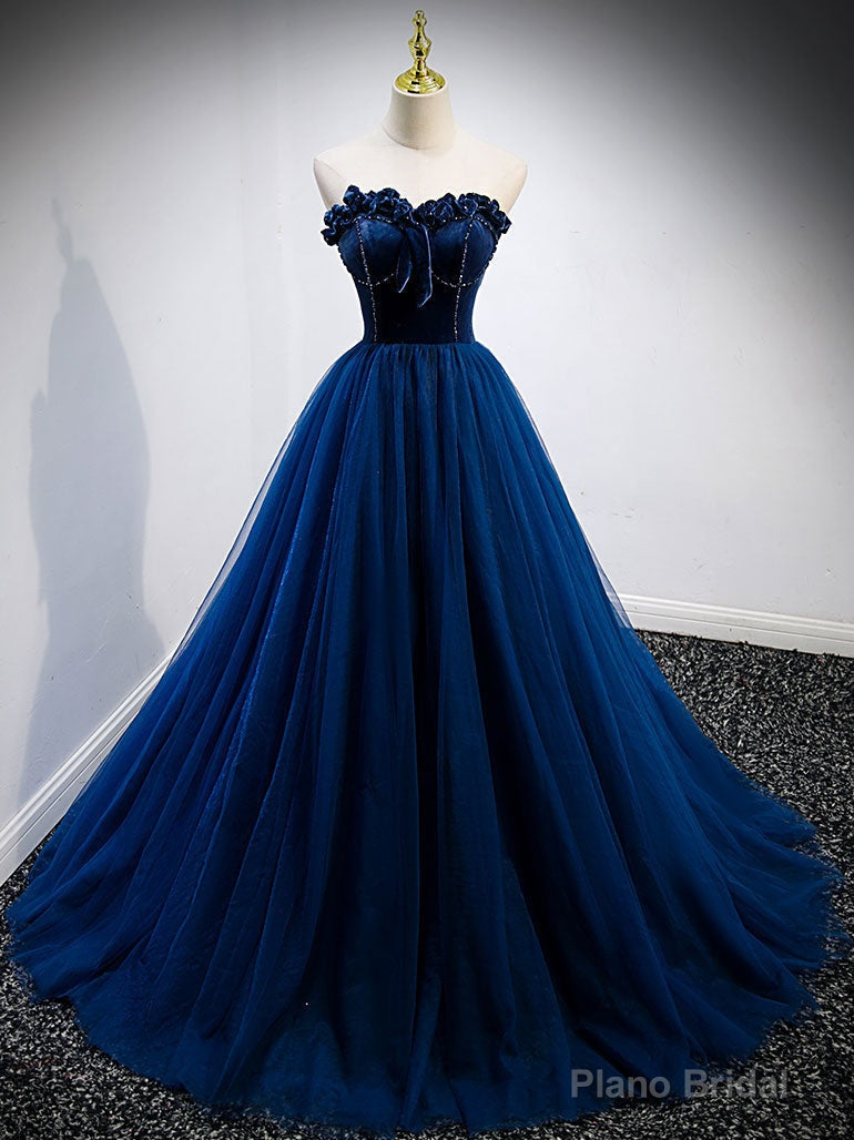 Simple A Line Blue Tulle Long Prom Dress, Blue Tulle Formal Dress Main image