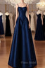 Simple A-Line Dark Blue Satin Long Formal Prom Dresses, Dark Blue Long Formal Dresses