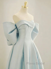 Simple A Line Off The Shoulder Blue Satin Long Formal Prom Dresses