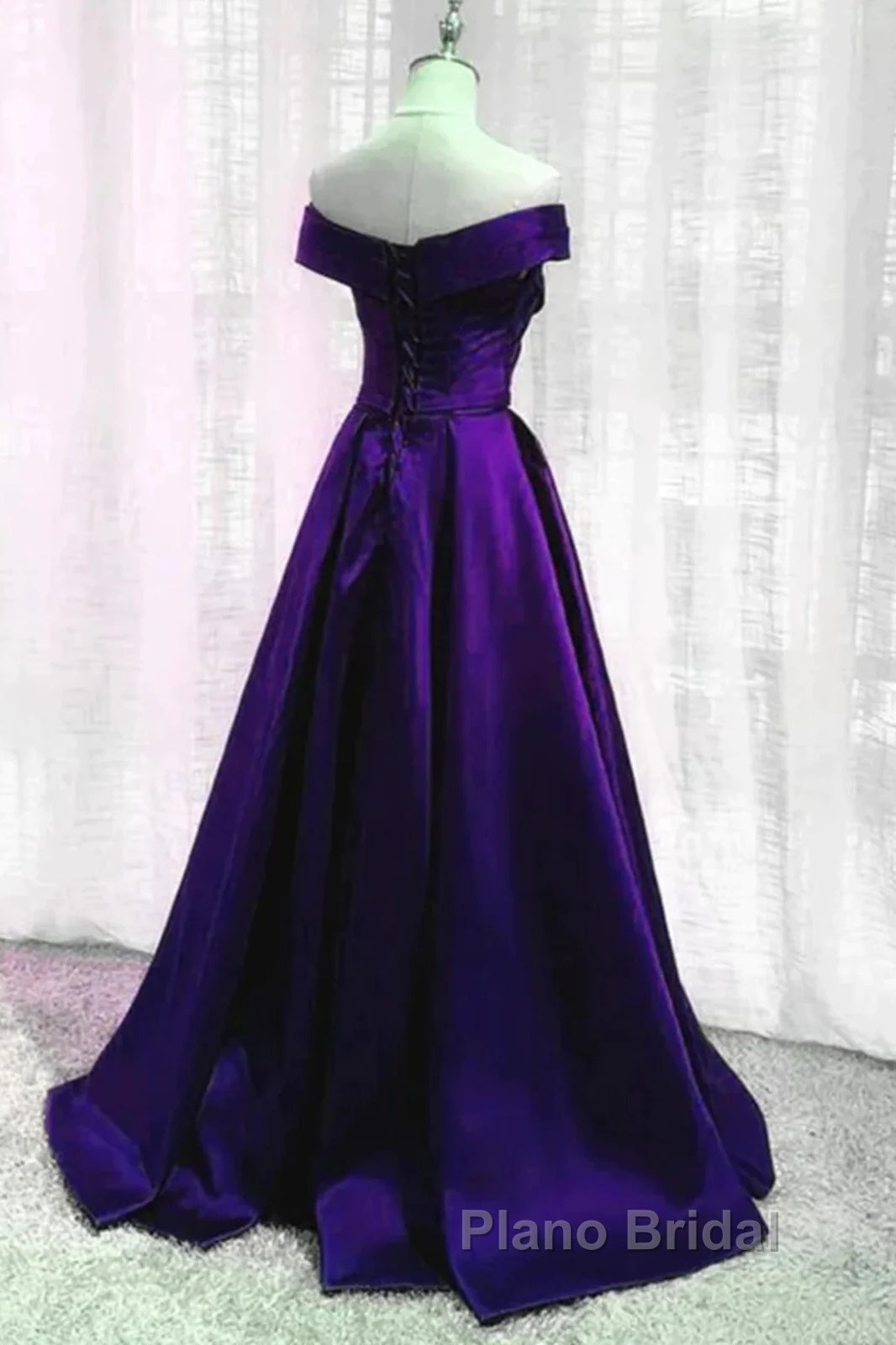 Simple A Line Off The Shoulder Purple Satin Long Formal Prom Dresses Secondary image