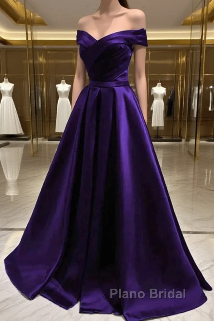 Simple A Line Off The Shoulder Purple Satin Long Formal Prom Dresses Main image