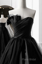 Simple A-Line Satin Strapless Black Long Formal Prom Dresses