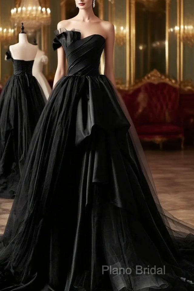 Simple A-Line Satin Strapless Black Long Formal Prom Dresses Main image