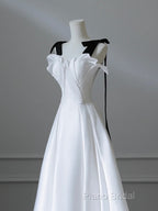 Simple A-Line Satin White Long Formal Prom Dresses, White Long Formal Dresses