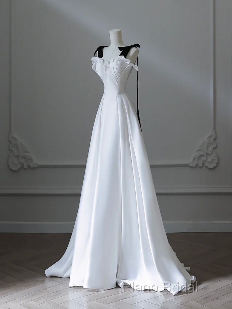 Simple A-Line Satin White Long Formal Prom Dresses, White Long Formal Dresses