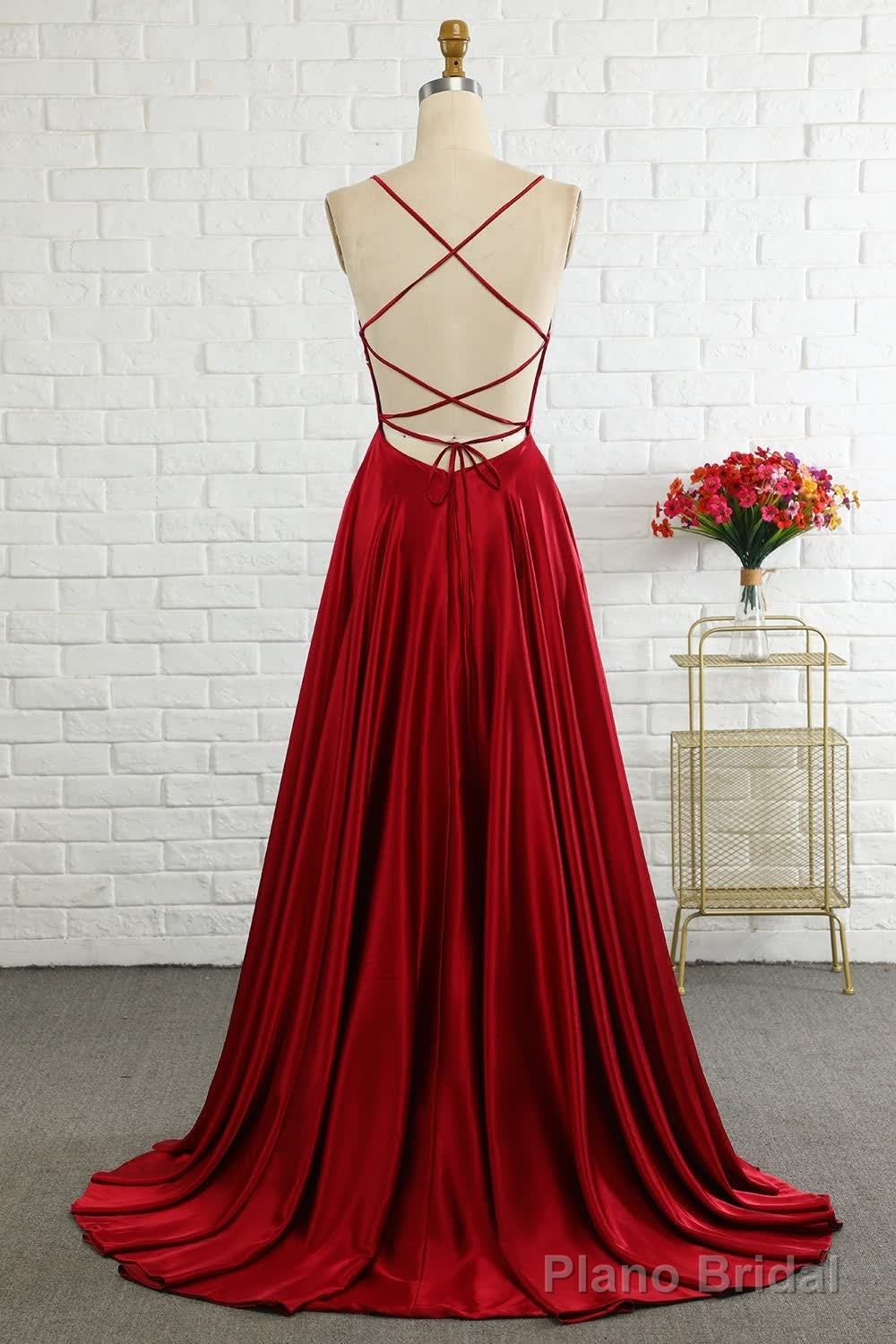 Simple A Line Spaghetti Straps Burgundy Long Prom Dress with Cirss Cross Back Secondary image