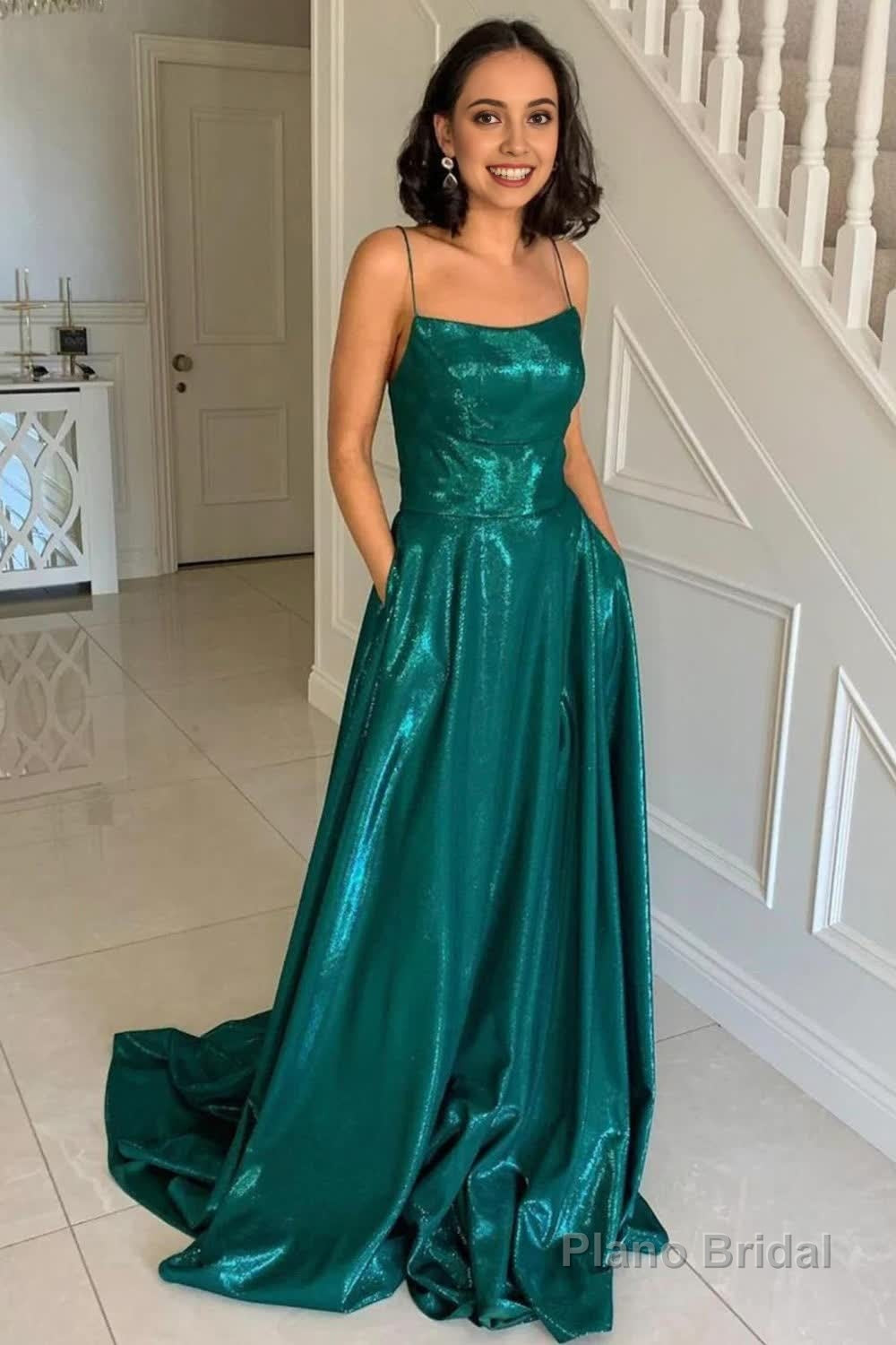 Simple A Line Spaghetti Straps Dark Green Long Prom Dress with Criss Cross Back Main image