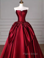 Simple A Line Strapless Burgundy Floor Length Formal Prom Dresses