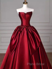 Simple A Line Strapless Burgundy Floor Length Formal Prom Dresses
