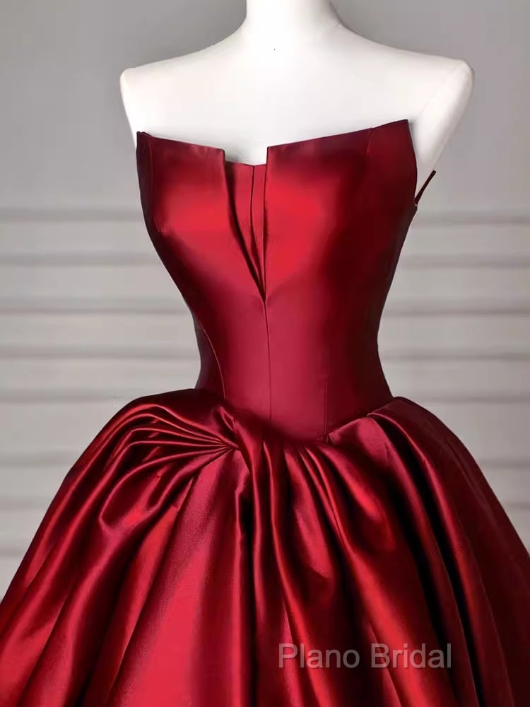 Simple A Line Strapless Burgundy Floor Length Formal Prom Dresses