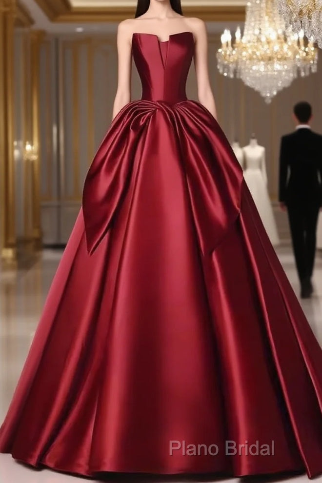 Simple A Line Strapless Burgundy Floor Length Formal Prom Dresses Main image