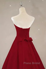 Simple A Line Strapless Long Red Formal Prom Dresses Evening Dresses