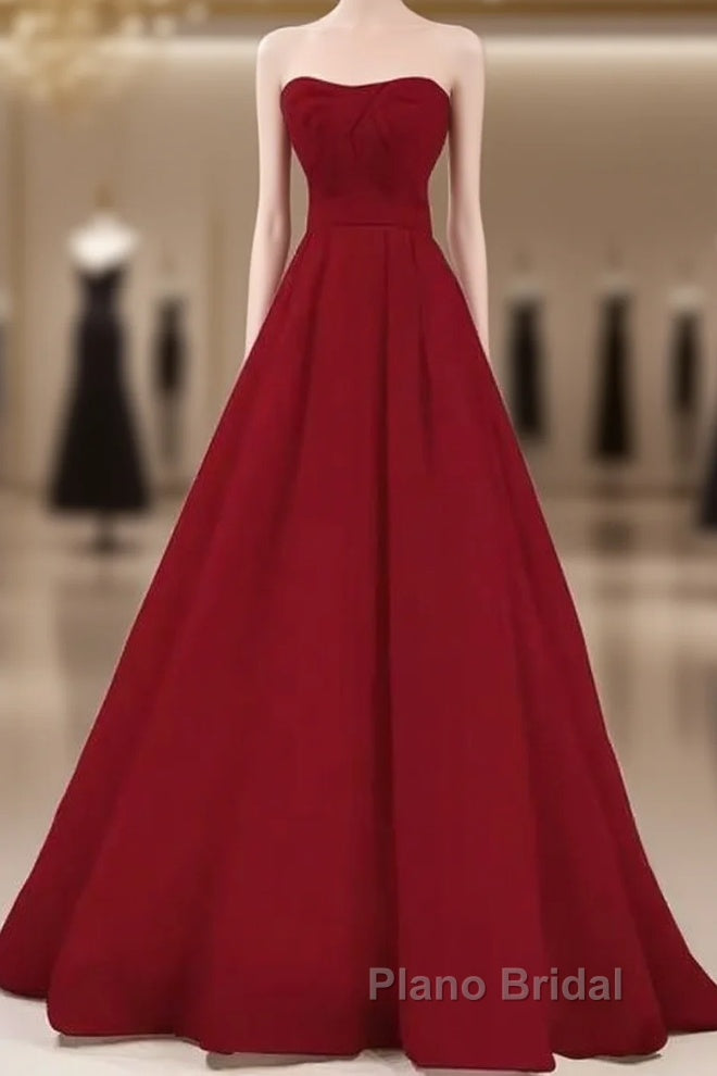 Simple A Line Strapless Long Red Formal Prom Dresses Evening Dresses Main image