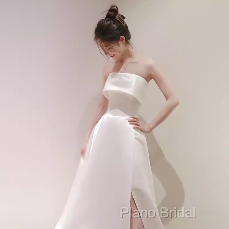 Simple A Line Strapless Satin Ivory Wedding Dresses
