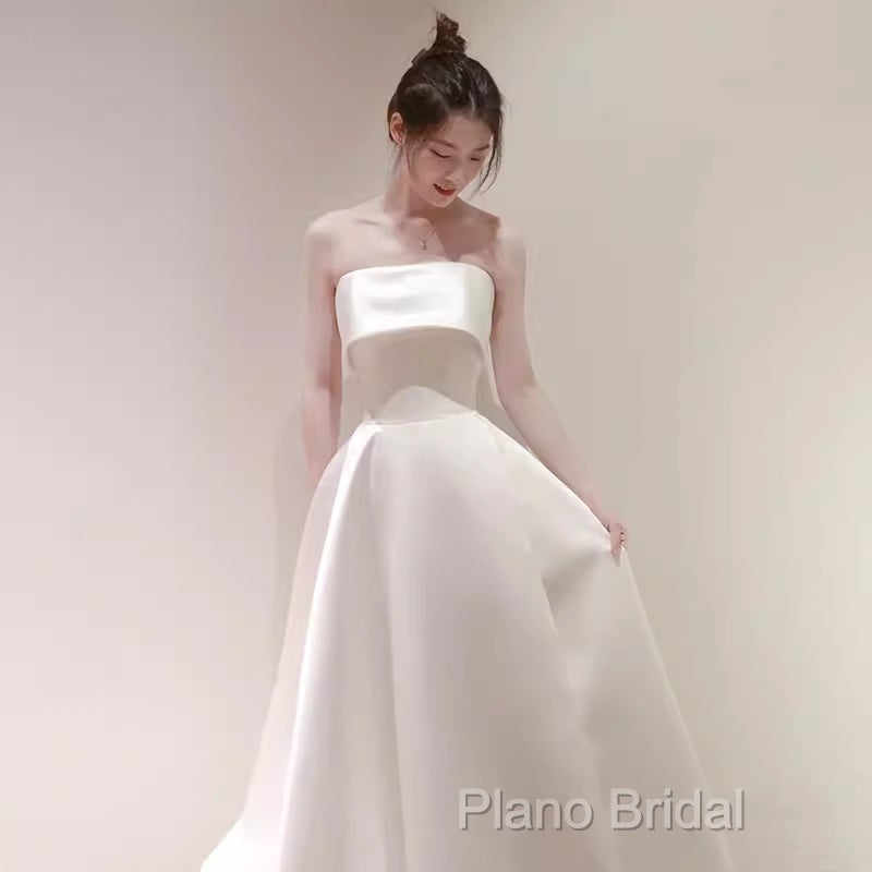 Simple A Line Strapless Satin Ivory Wedding Dresses