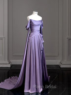Simple A Line Strapless Sleeveless Satin Lilac Formal Prom Dresses Long Formal Prom Dresses