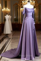 Simple A Line Strapless Sleeveless Satin Lilac Formal Prom Dresses Long Formal Prom Dresses