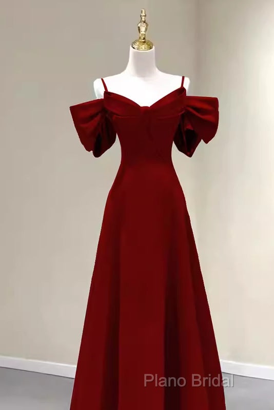 Simple A Line Straps Red Satin Long Formal Prom Dresses Secondary image