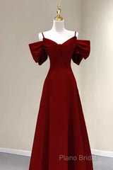 Simple A Line Straps Red Satin Long Formal Prom Dresses